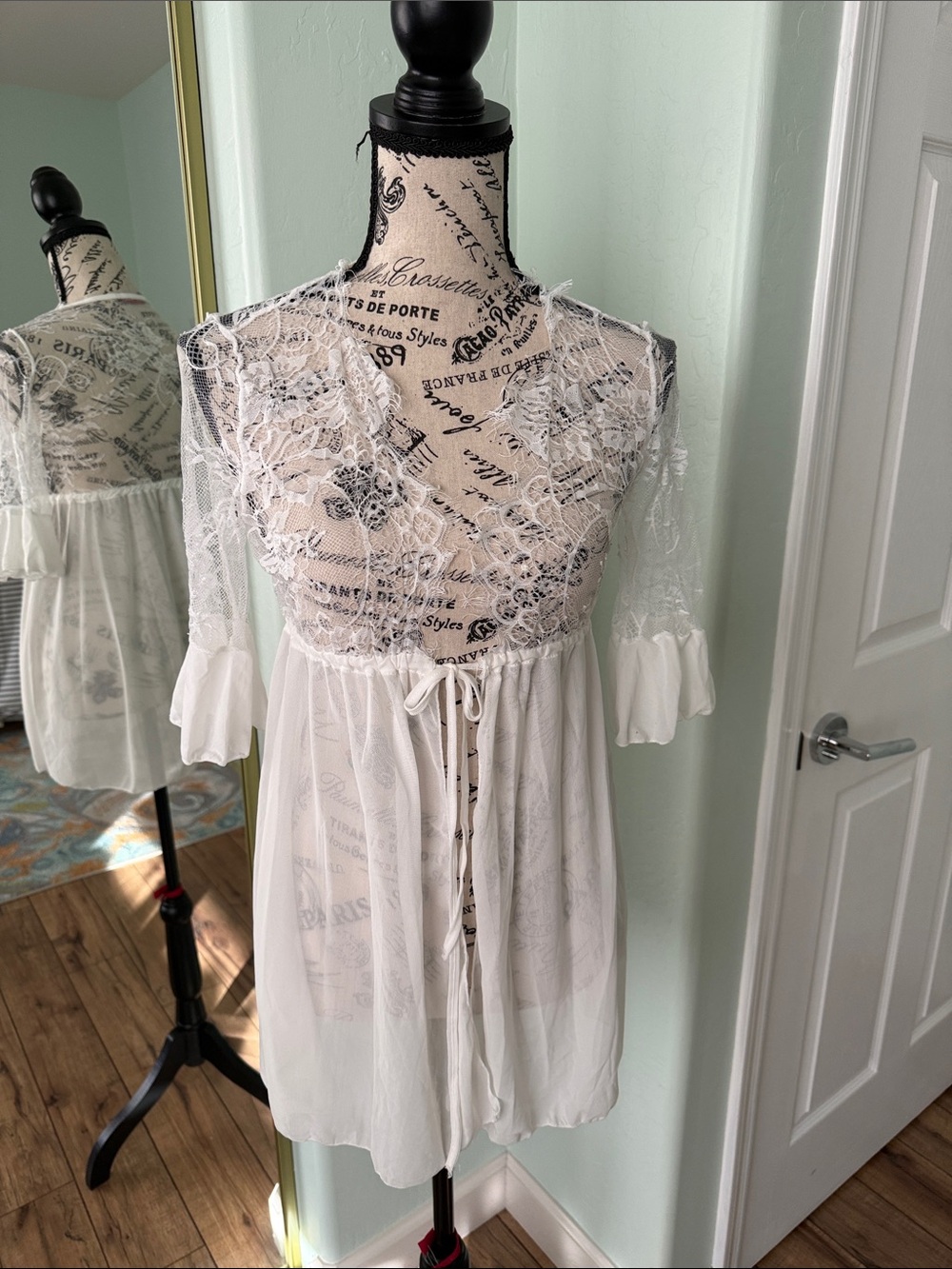 Sheer White Lace Tie-Front Babydoll Robe